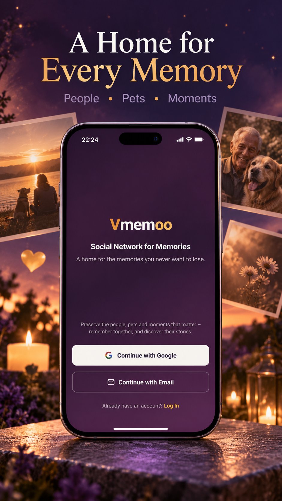 Vmemoo welcome artwork showing a home for every memory