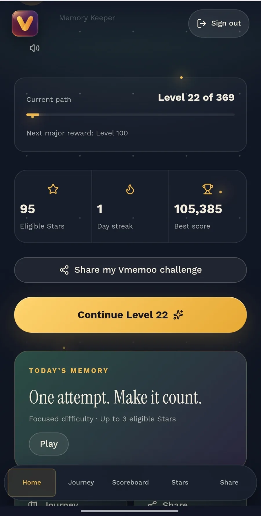 Vmemoo Memory Quest home screen showing Journey progress and Eligible Stars on mobile