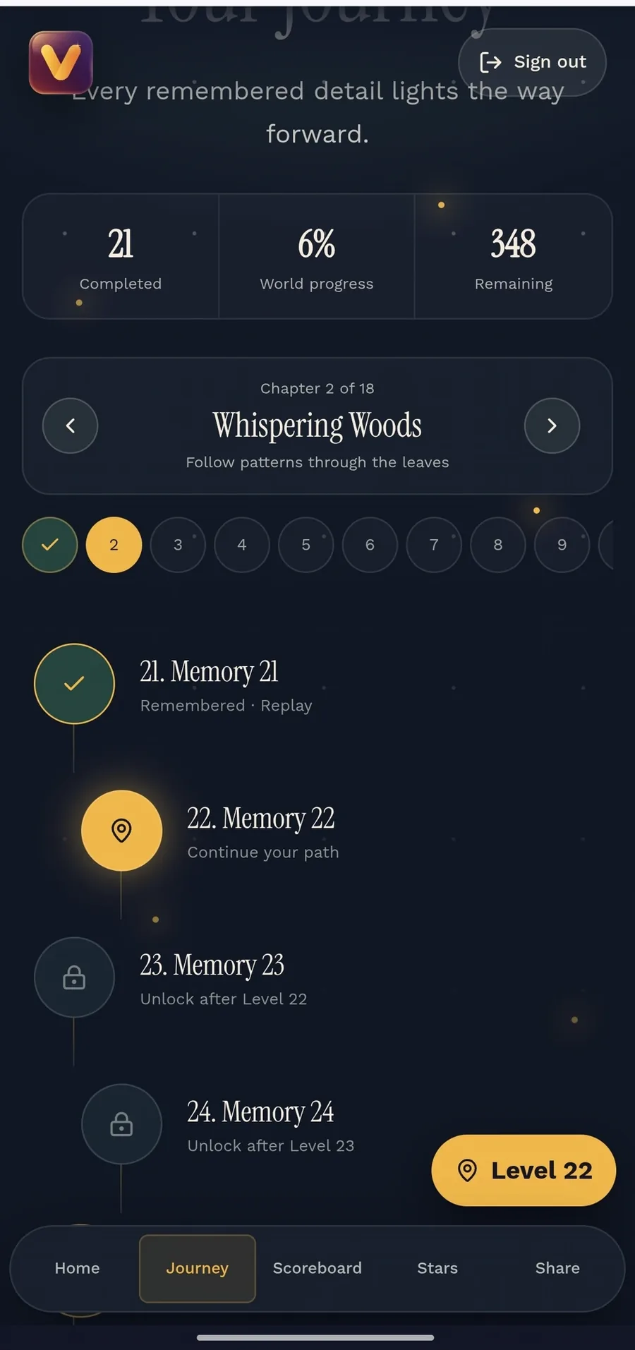 Vmemoo Memory Quest Journey screen on mobile