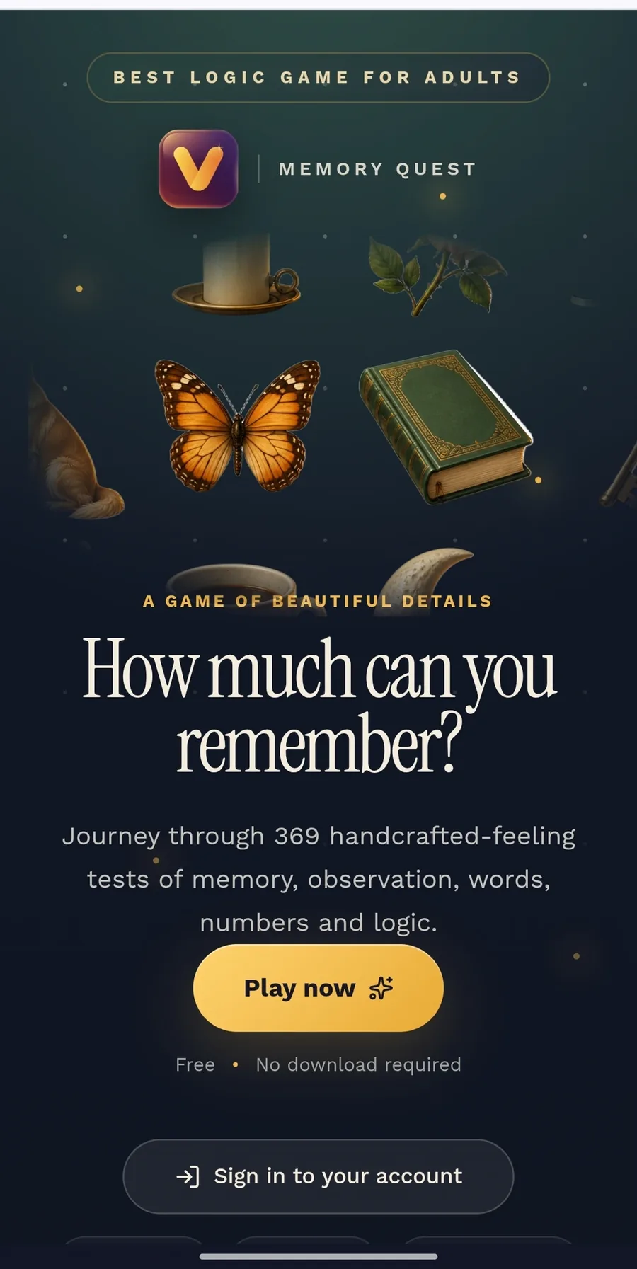 Vmemoo Memory Quest welcome screen on mobile