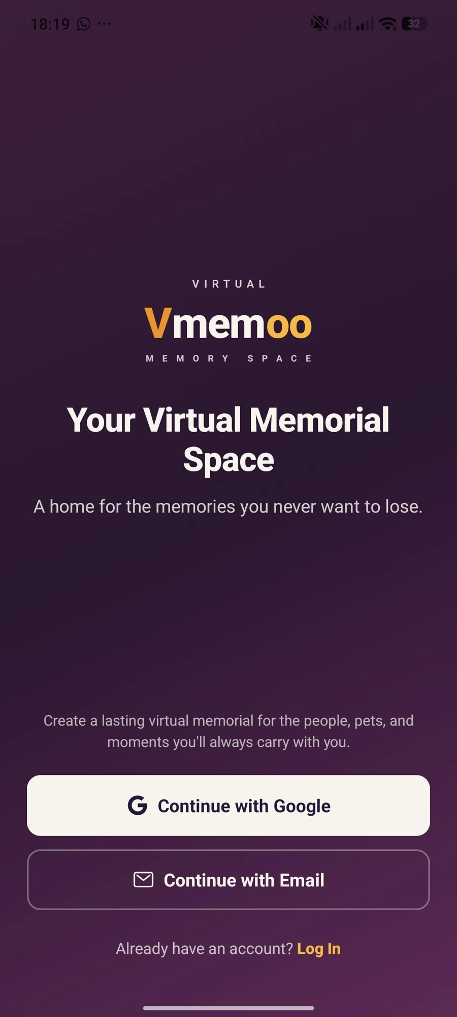 Authentic Vmemoo onboarding screen showing the virtual memorial space introduction